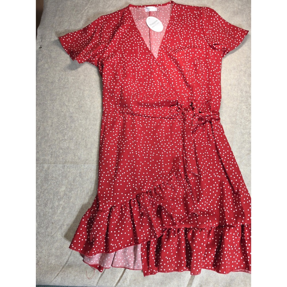 Naggoo Red Polka Dot Wrap Dress Short Sleeve‎ Ruffle Hem V-Neck Medium NWT